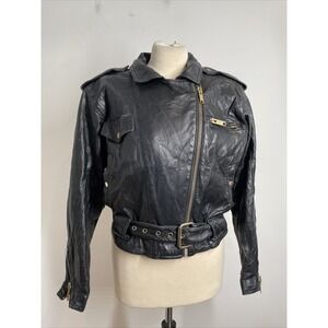 Vtg Margaret Godfrey 6 Black Leather Moto Belt Crop Bomber Jacket